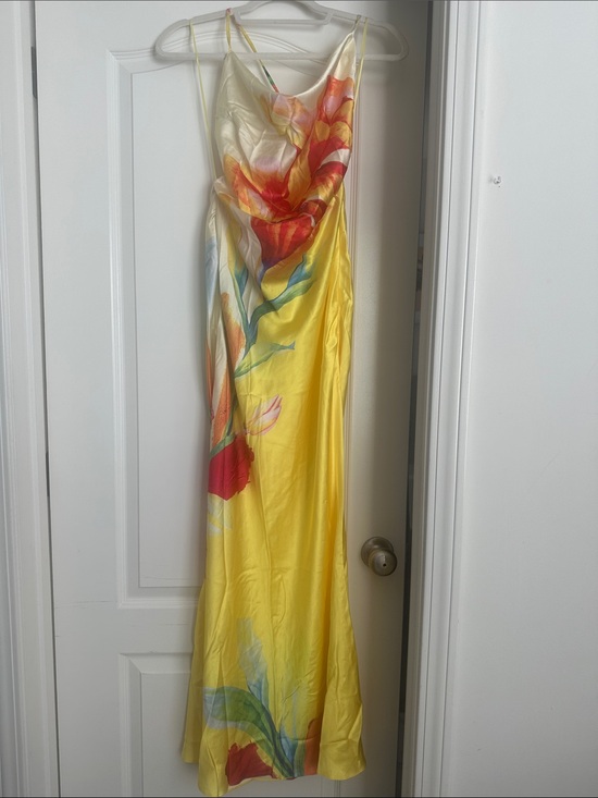 AKIRA Dresses & Skirts - AKIRA Yellow Satin Maxi Slip Dress with Red Floral Print